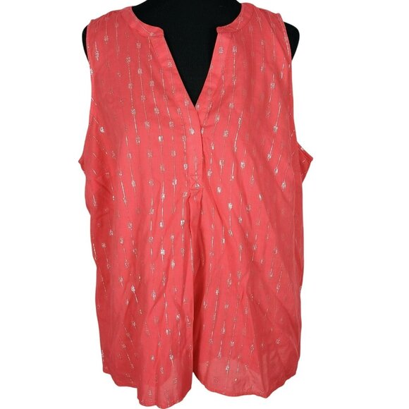 Crown & Ivy Womens Sleeveless Coral Pink Silver Print‎ Tunic Blouse 2X - Picture 1 of 6